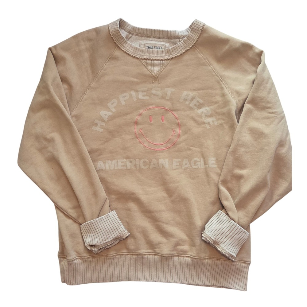 American Eagle Tan Happiest Here Smiley Face Graphic Sweatshirt M